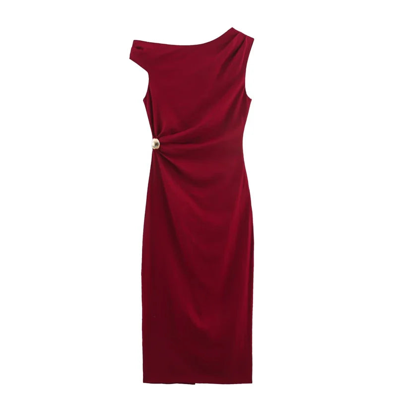 Women's New Dress Summer Red Linen Blend Pleated Midi Dress Irregular Collar Design Sexy Fashion Sense of Luxury