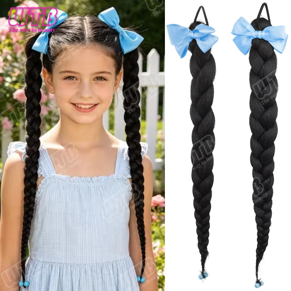 Children's Wig Synthetic Ponytail Wig Elastic Band Style Bow Accessory Braided Ponytail Wig Suitable for Everyday Holiday Wear