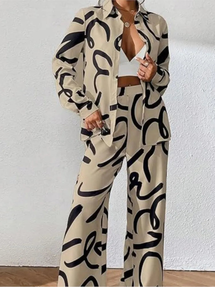 Women Clothing  Autumn New Fashion Print Set Casual Button Collar Shirt Long Sleeved Wide Leg Pants Long Pants Two-piece Set