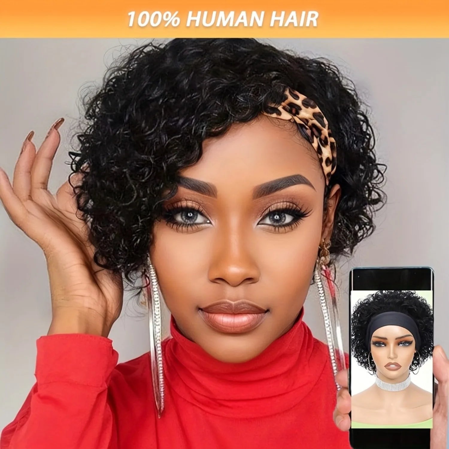 Stylish Pixie Cut Headband Wig for Women -headband wig Short Curly Human Hair, Natural Black, Full Machine Made Wig