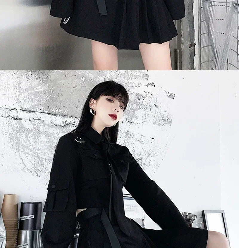 Women Two-Piece Skirt Spring Oversize 4XL Black Punk Chain Ribbon Skirts Ladies Suit Female Dress Sets Harajuku Streetwear