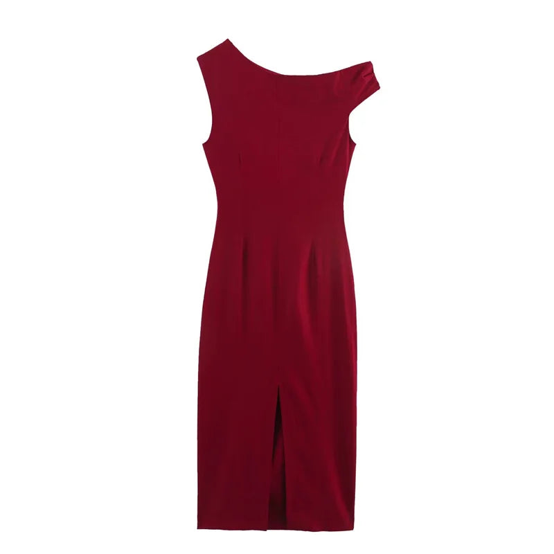 Women's New Dress Summer Red Linen Blend Pleated Midi Dress Irregular Collar Design Sexy Fashion Sense of Luxury