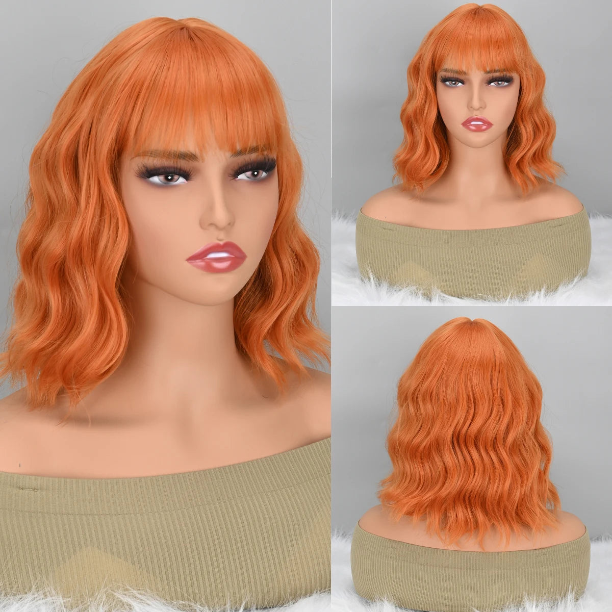 Short Wavy Curly Women Fresh Bright Synthetic Ordinary Flat Bangs Bob Wig (Light Orange)