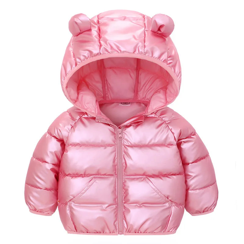 Winter Warm Jacket Toddler Children Coat Hooded Solid Jacket For Girls Boys Glossy Outwear Cute Ears Children Clothing 2-6 Year