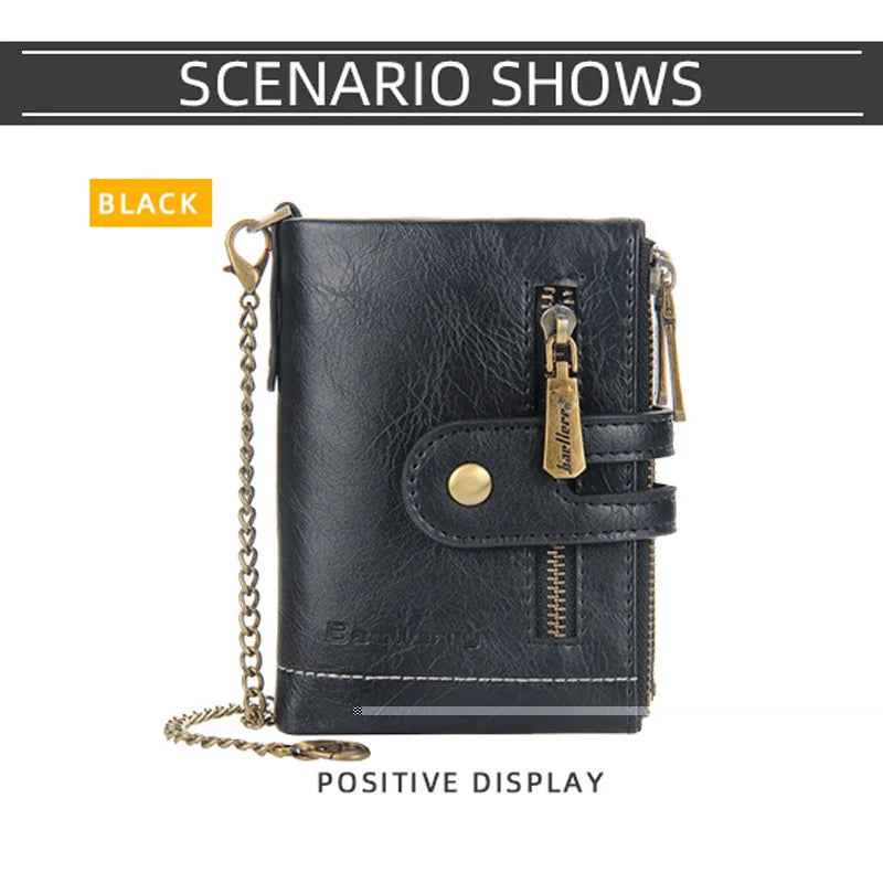 Men's Luxury PU Leather Wallet - Short Chain Design Card Holder, Classic Retro Purse (High Quality Brand)