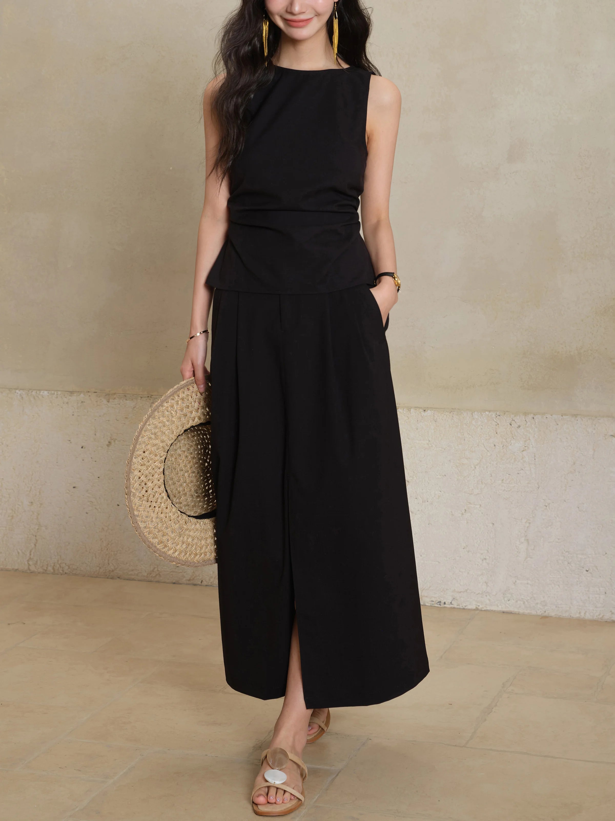 Black Sleeveless Top Skirt Set Women Petite Slim Fit Shirt Split Hem Straight Maxi Skirt Summer Two Piece  Elegant Matching Set