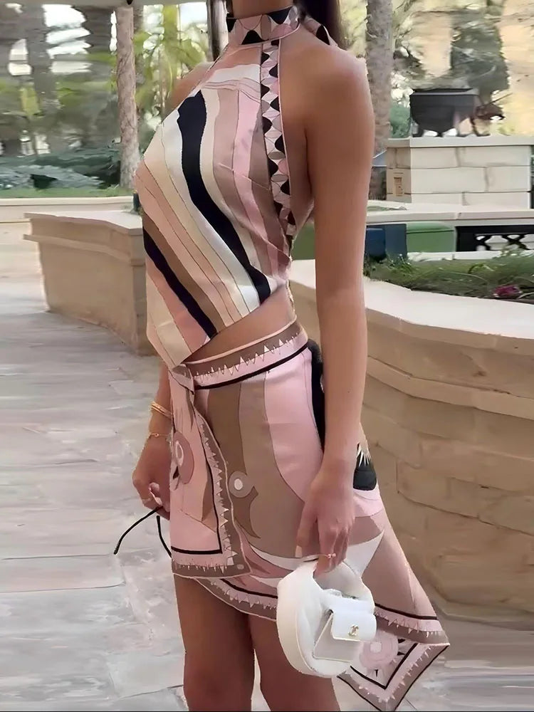 New Sexy Skirt Sets Women Summer Lacing Up Sweet 2PCS Outfits Sleeveless Short Tops Maxi Skirt Ladies Casual Suits Streetwear