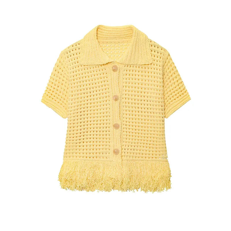 HipSeam Fringed Check Knit Skrts Sets Short Sleeved Lapel Button Tops Sexy Hip High Waist Skirts 2 Piece Set Women's Outfits