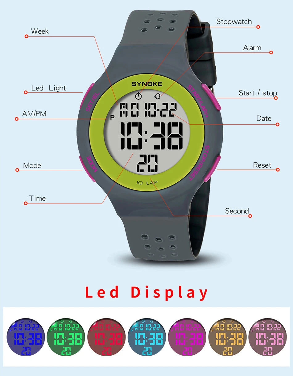 SYNOKE Women's Watch Digital Women Dress 50M Waterproof Stopwatch Sports Luminous Multifunction LED Electronic Wrist Watch Lady
