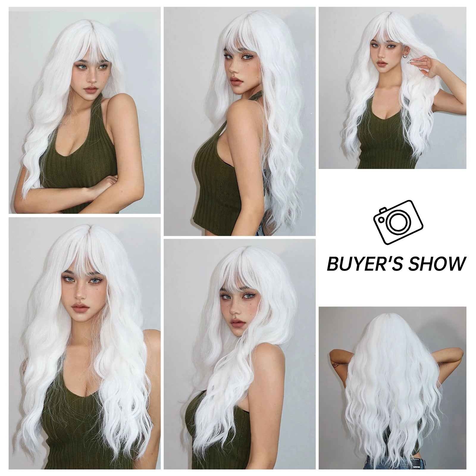 Perruques synthétiques longues et bouclées blanc platine avec frange pour femmes, perruque ondulée Afro Cosplay Lolita, cheveux naturels résistants à la chaleur, pour usage quotidien