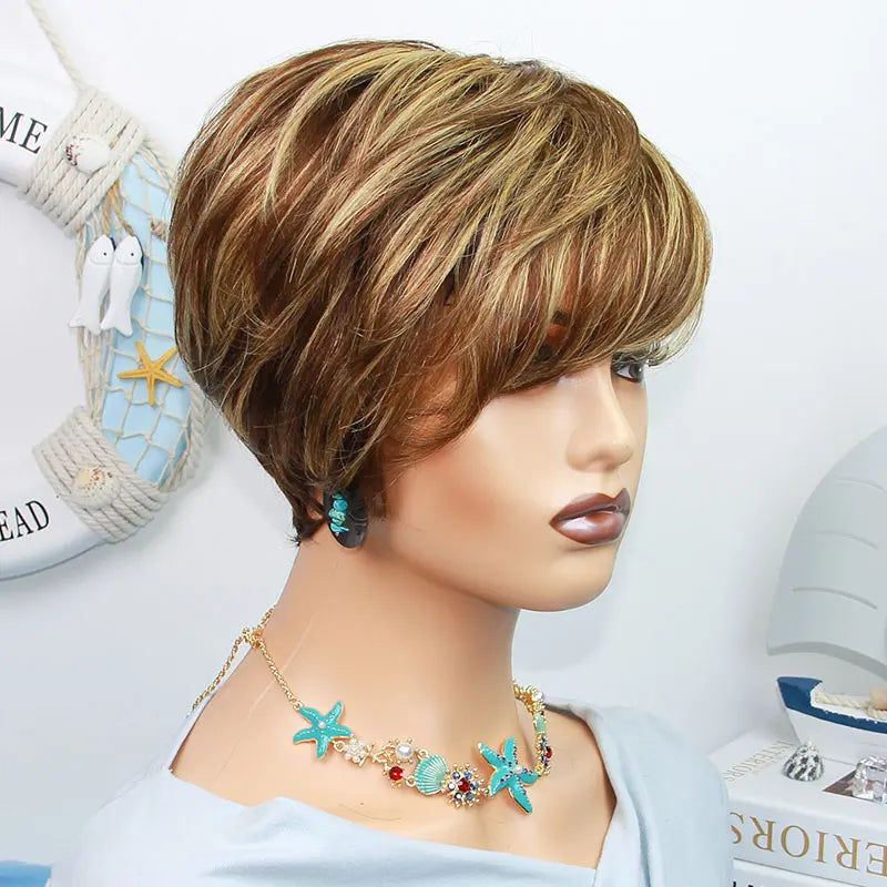 Short Straight Human Hair Wigs Highlight Color Brazilian Remy Hair Pixie Cut Wig Cheap Human Hair Machine Wig For Black Women