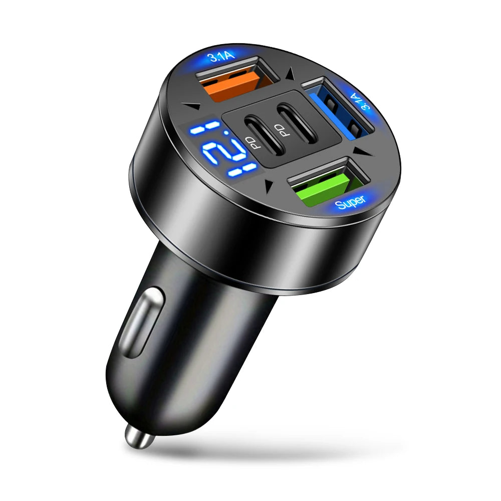 250W 5-Port Car Charger PD QC3.0 USB C Fast Charging Car Phone Adapter With LED Voltage Display For iPhone Samsung Huawei Xiaomi