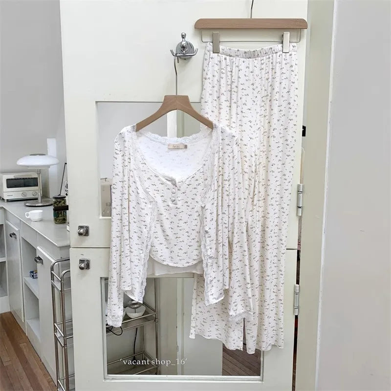 Three-Piece Pajama Set for Women Floral Lace Sweet Cardigan Camisole Homewear Long Sleeves Long Pants Fancy Underwear Ladies