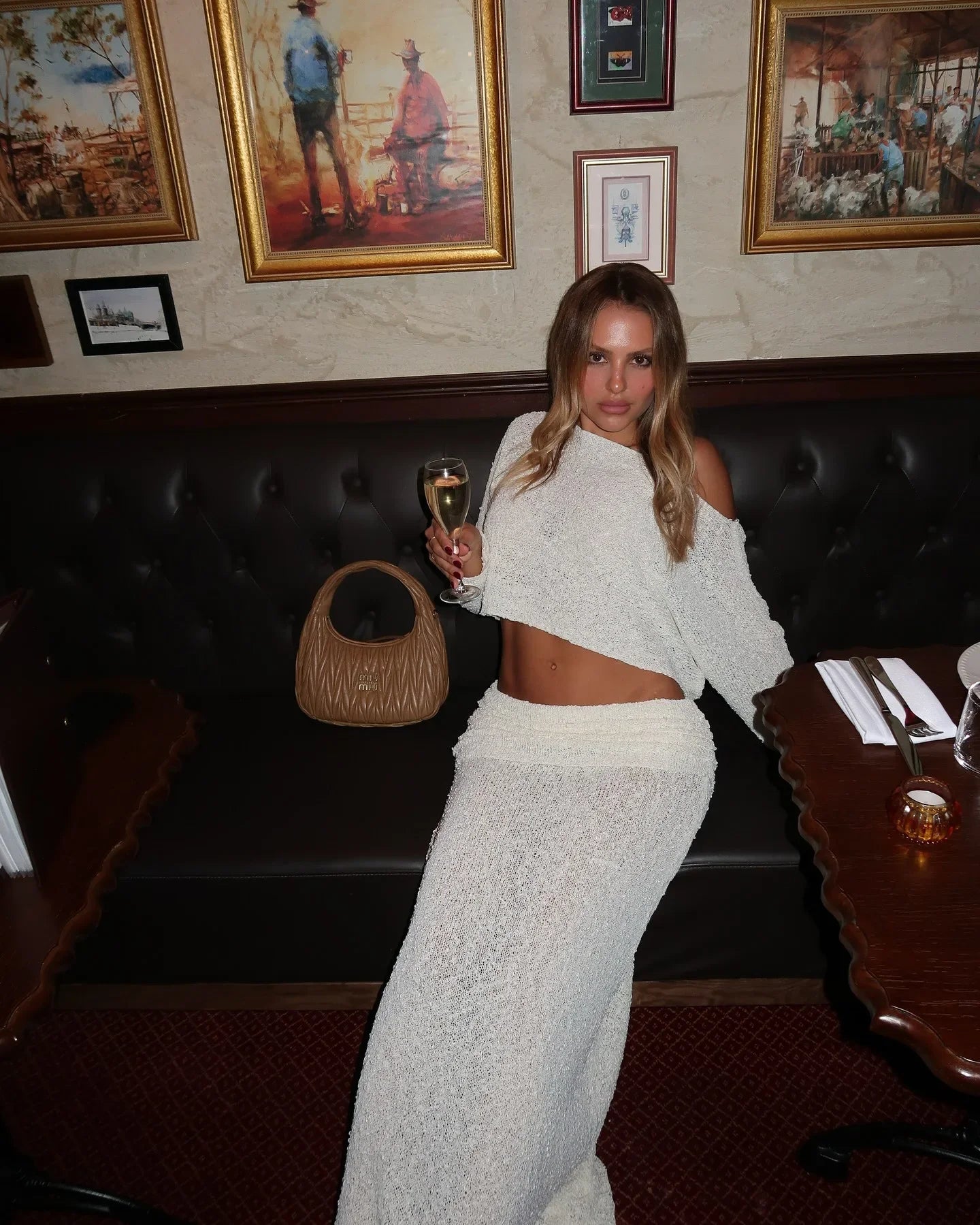 Knitted Skirt Set Women's Summer Off-Shoulder Long Sleeve Cropped Top Slim See-through Pleated Skirt Female Skirt Set