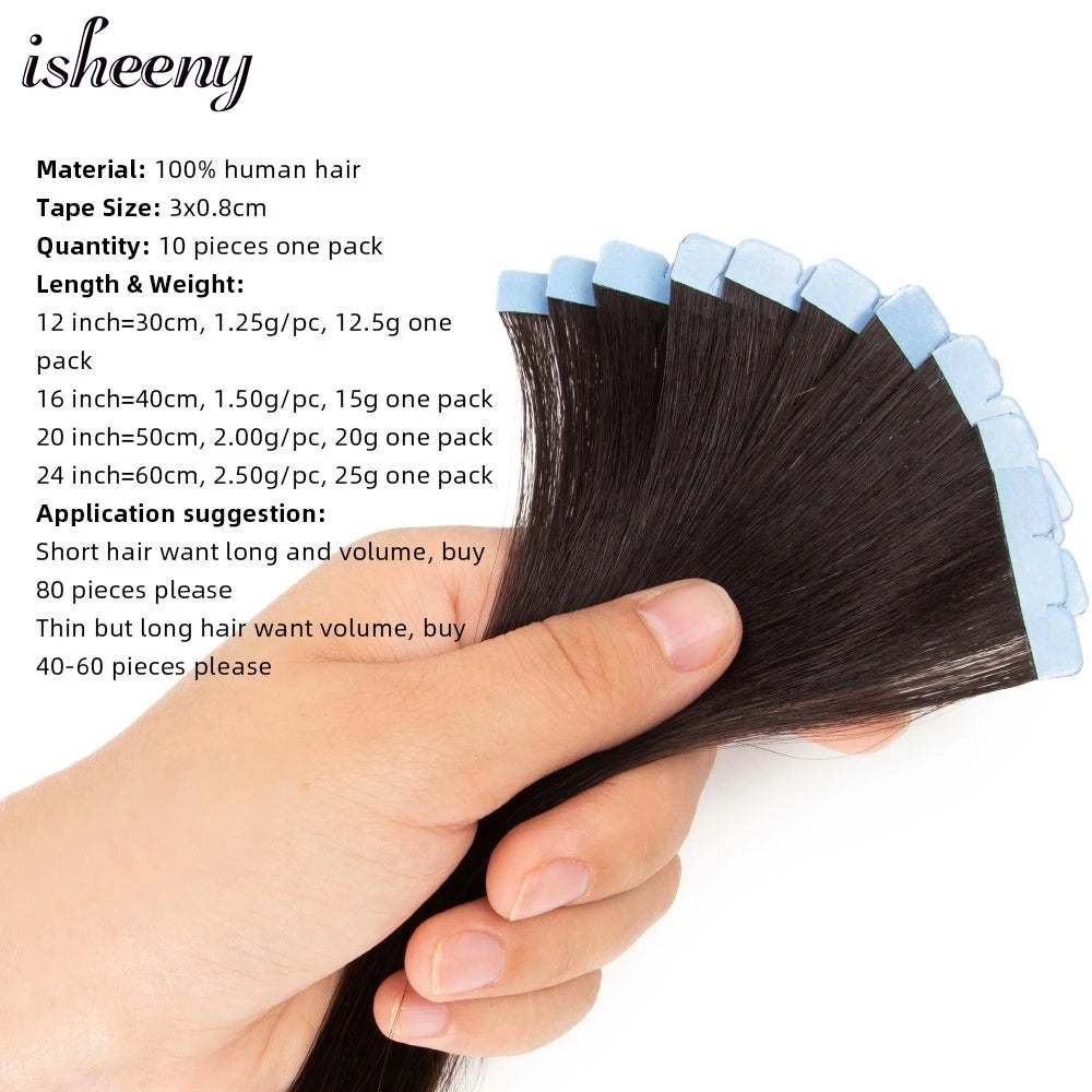 Isheeny 12"-24" Mini Tape Hair Extensions Machine Remy Human Hair Adhesive Tape In Human Hair Natural Straight 10pcs/pack