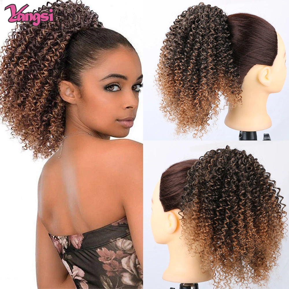 Afro Curly Ponytail for Black Women Drawstring Ponytail Kinky Synthetic hair Extension Ombre Bug Color Clip in For Party