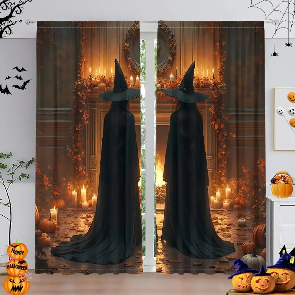 2pcs- Halloween Witch Magic Print Curtains, pole bag home decoration, room decoration