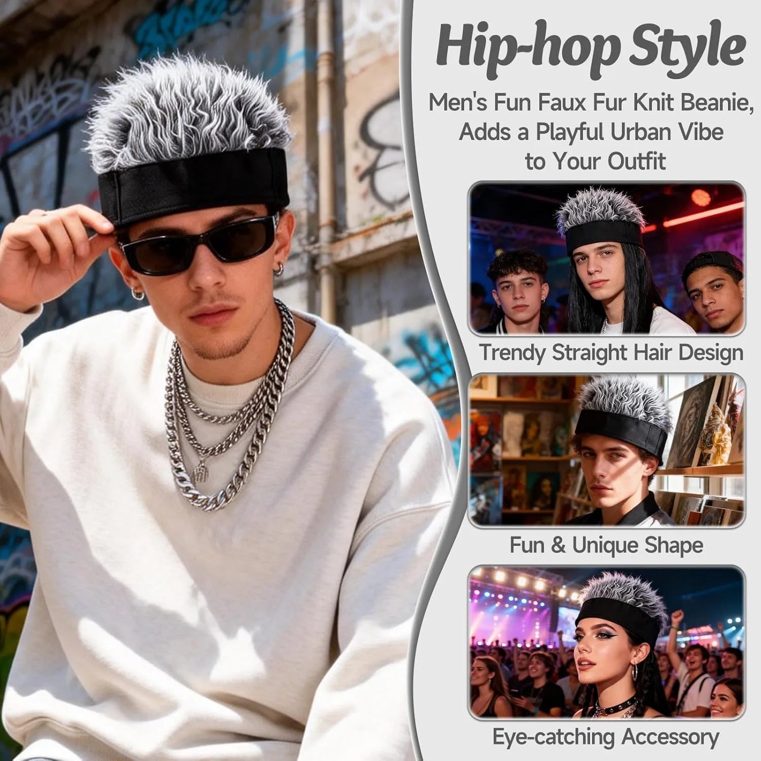Grey Spiked Straight Fake Hair Wig Hat, Novelty Funny Integrated Hair Beanie Cap for Men Women, Elastic Stretch Headband Hip Hop Costume Wig Headwear for Party Cosplay