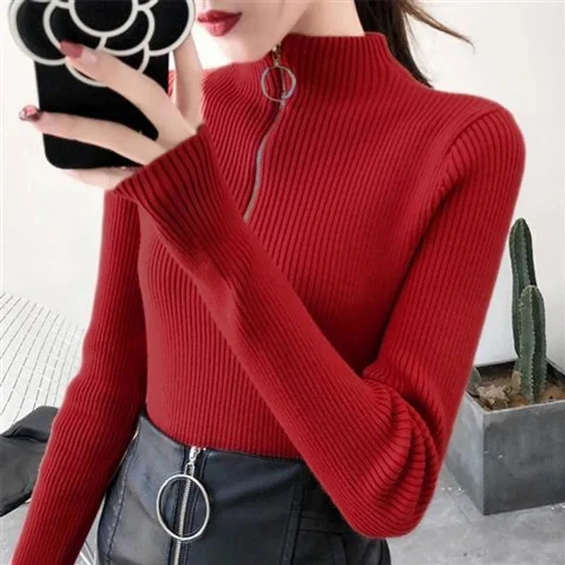 Suéter de punto para mujer con cremallera, cuello medio alto, jerséis de otoño e invierno, suéteres básicos de mujer, prendas de punto ajustadas, tops de mujer