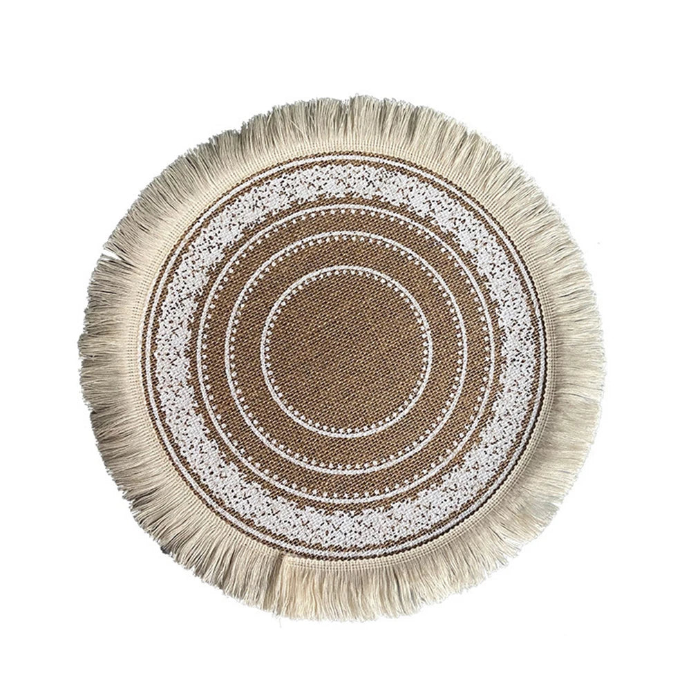 Vintage Pastoral Round Cotton Linen Placemats Handwoven Jute Tassels Placemats Soft Non-slip Table Pads Vase Mats Accessories