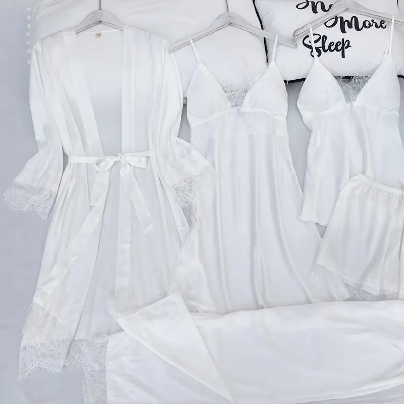 Pijama de cinco piezas para mujer, ropa de dormir para primavera y verano, camisón, bata de baño sexy de encaje, bata de satén de seda suelta para el hogar, ropa de estar en casa