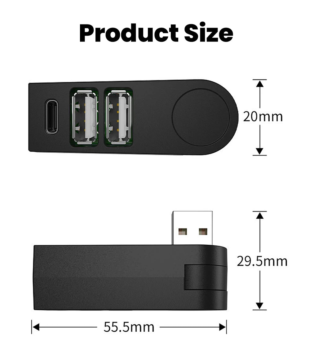 3 in 1 USB HUB 270° Rotatable Multi-ports USB 2.0 Hub Laptop Office Multi Function Reading U Disk Adapter Type C High Speed HUB