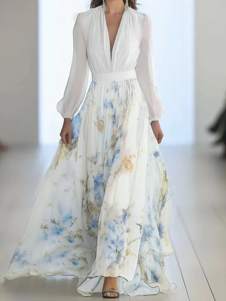 Vestido elegante con estampado para mujer, manga larga, cuello en V profundo, cintura alta, holgado, túnica femenina, ropa de mujer para fiesta, nuevo