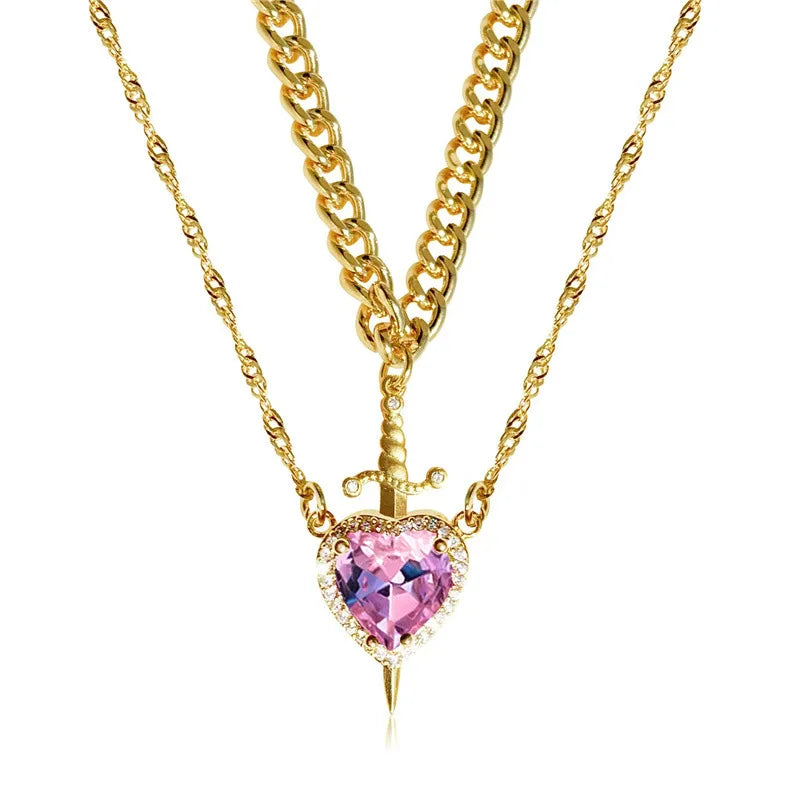 Collar de corazón y espada Collares para parejas Anillo de cristal de circonita Pulsera Conjunto de joyas para regalos románticos del Día de San Valentín