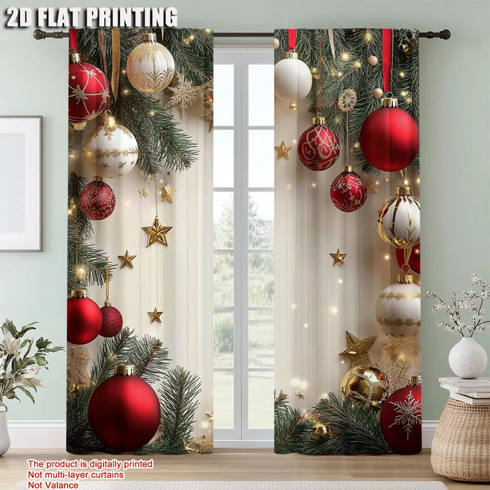 2 Cortinas De Navidad Festivas Doradas Y Rojas Con Diseño De Bolas Y Hojas De Pino, De Poliéster Con Bolsillo Para Barra Para Sala De Estar