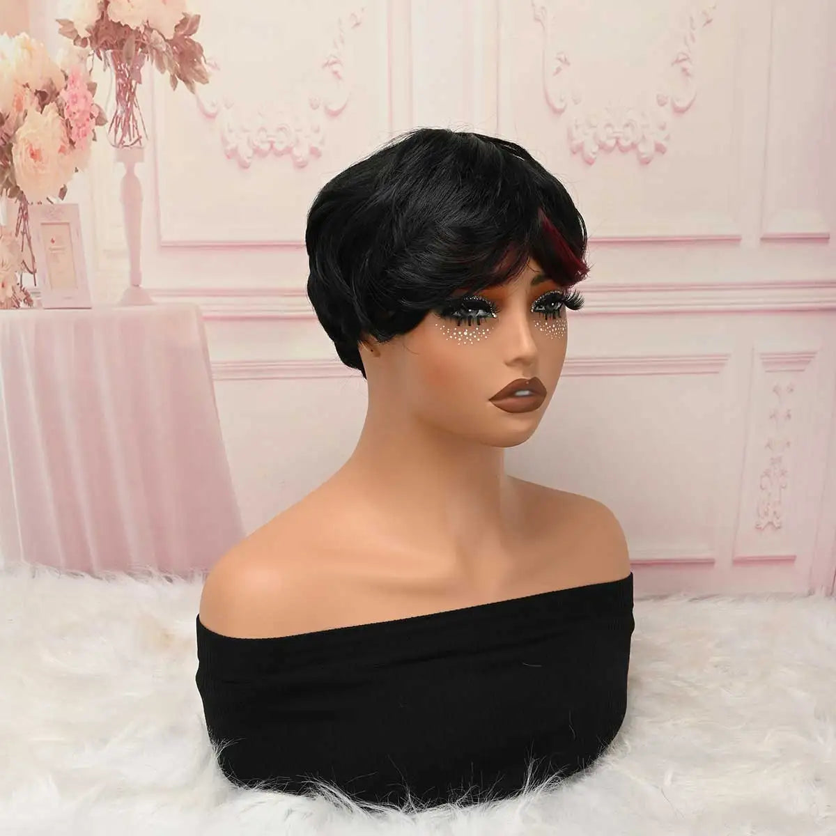 Black Short Pixie Cut Synthetic Wig with Burgundy Highlight Bangs, Heat Resistant Glueless Wear‑and‑Go Wig for Women