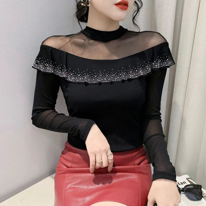 Jersey de cuello alto de malla Otoño Invierno – Elegante y elástico