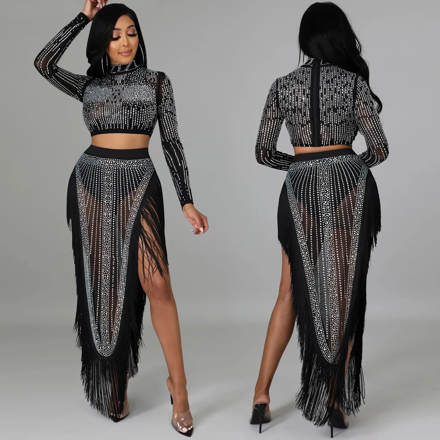 Skirt Set Women Two Piece Sets Dress Sets Mock Neck Matching Set Diamond Short Tops Party High Waist Long Skirts Sexy Hot Tassel