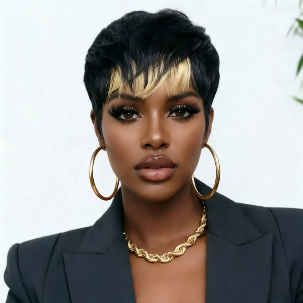 short straight daily party use wig pixie cut wig human hair wig machine made black pixie wig blonde color for women