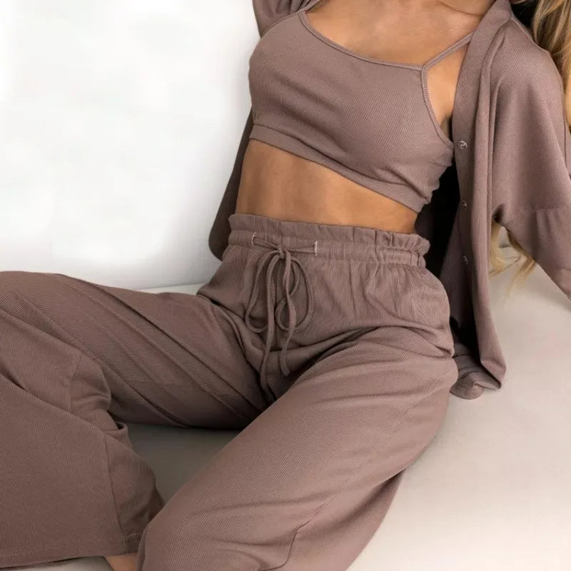 Conjuntos de pijama de otoño acogedores para mujer, 3 piezas, ropa de casa informal con top de tirantes, pantalón y cárdigan, talla grande, ropa de descanso suave para mujer