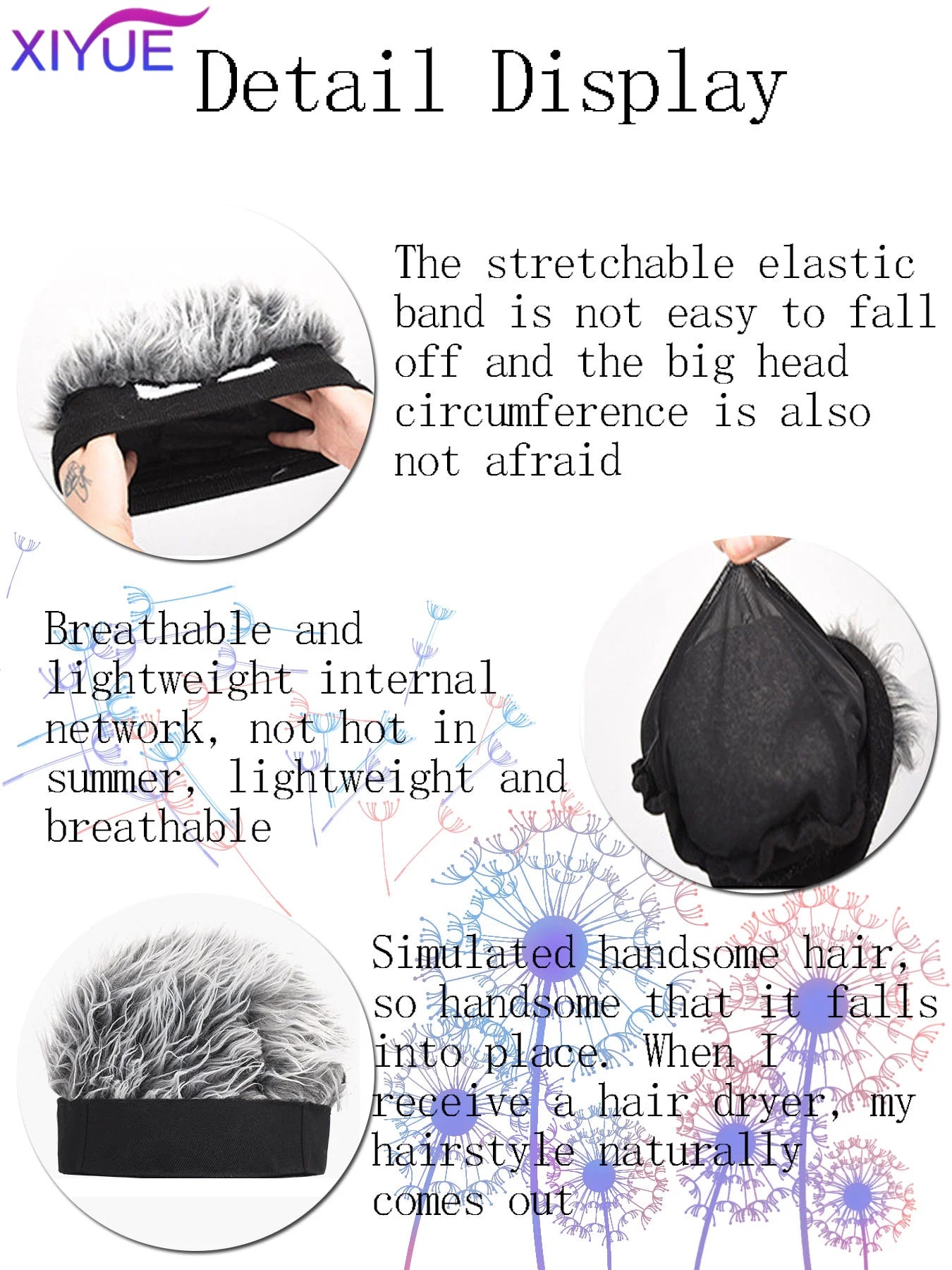 XIYUE Synthetic  Fashion Wig Hat Curved Brim Easy to Wear Comfortable Male Fake Hair Cap for Going Out