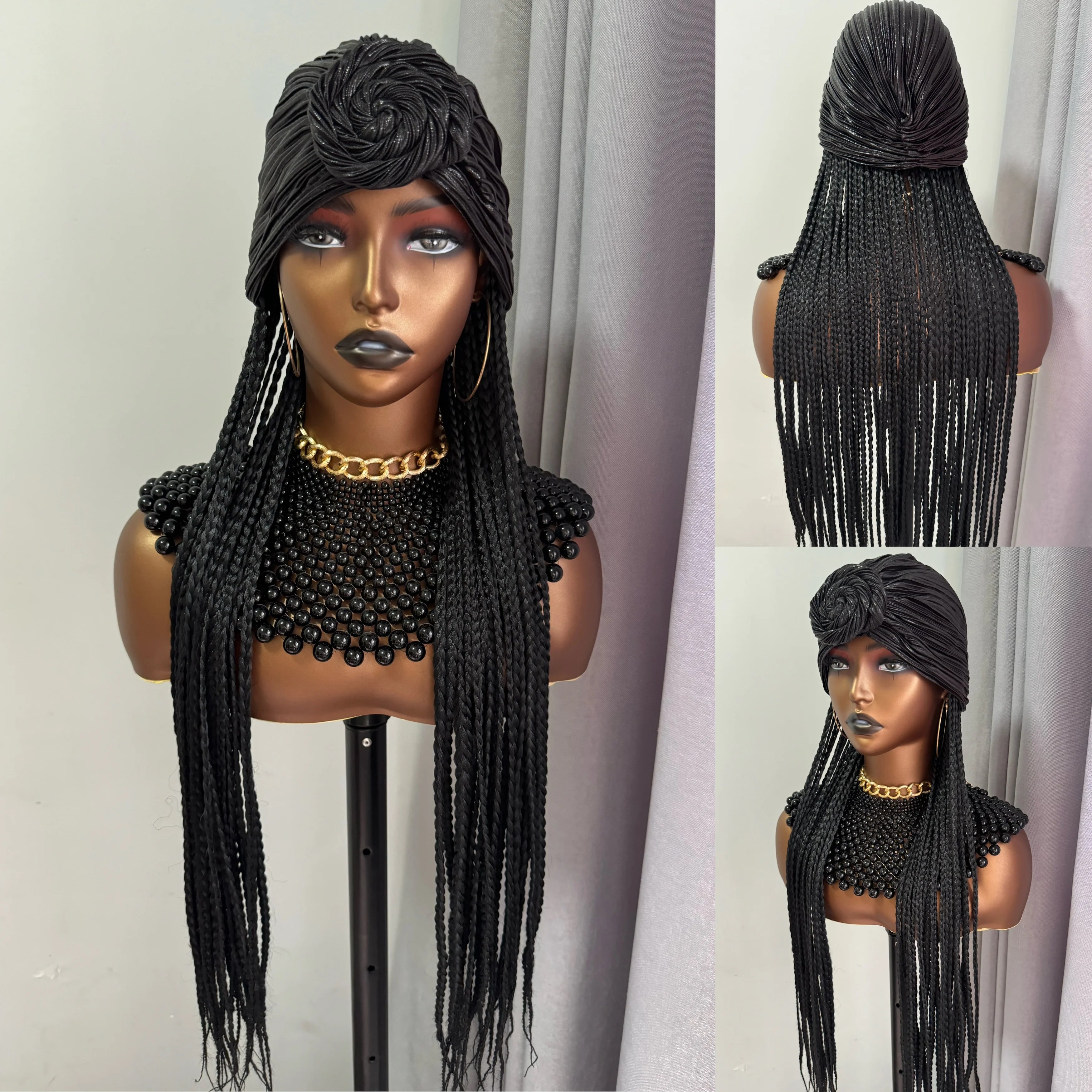 WIGERA Diadema con estampado de leopardo Peluca sintética trenzada larga con gorro turbante Trenzado de caja Extensiones de cabello Pañuelo para la cabeza Peinado fácil
