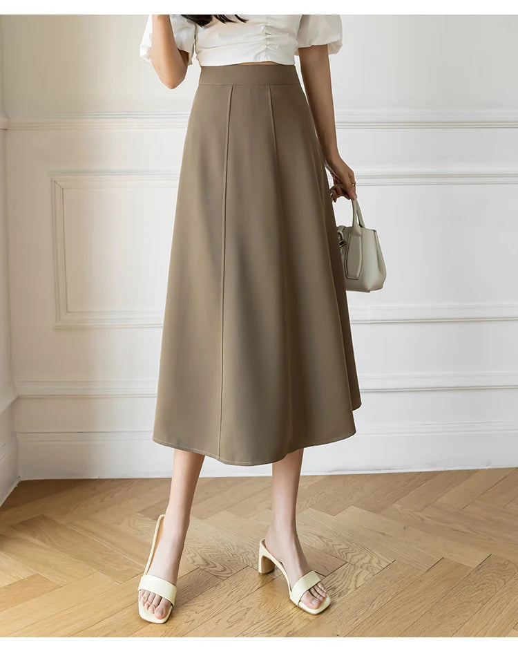 Women's Skirt Spring Women High Waist Solid Vintage Girl's Waist Down Skirt Knee-length A-line Fashion Thin Skirt for Women