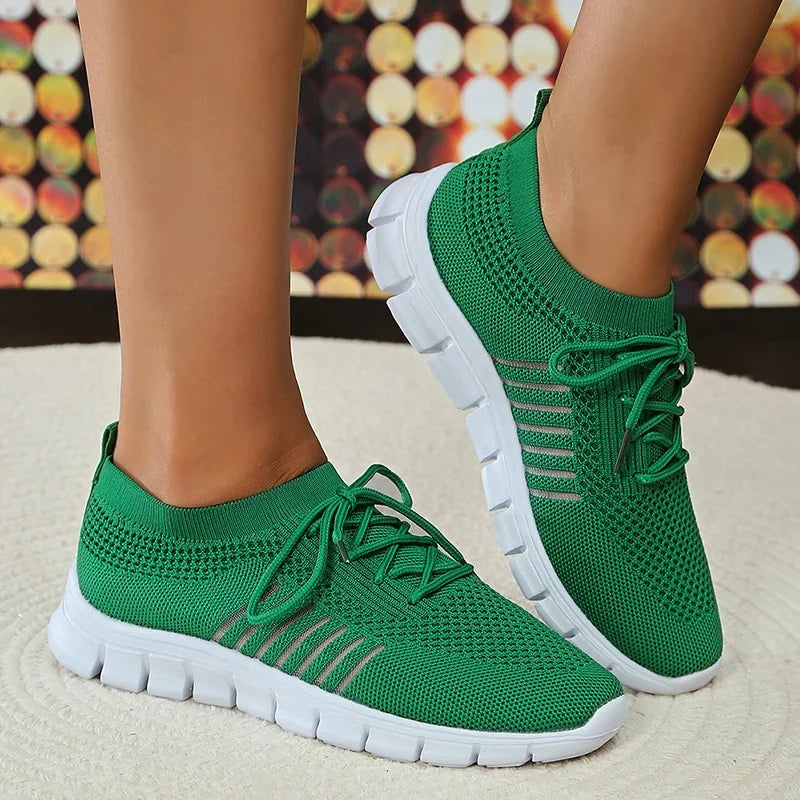 Green Soft Sole Knit Walking Shoes for Women Comfortable Breathable Mesh Sneakers Woman Plus Size Lightweight Casual Flats