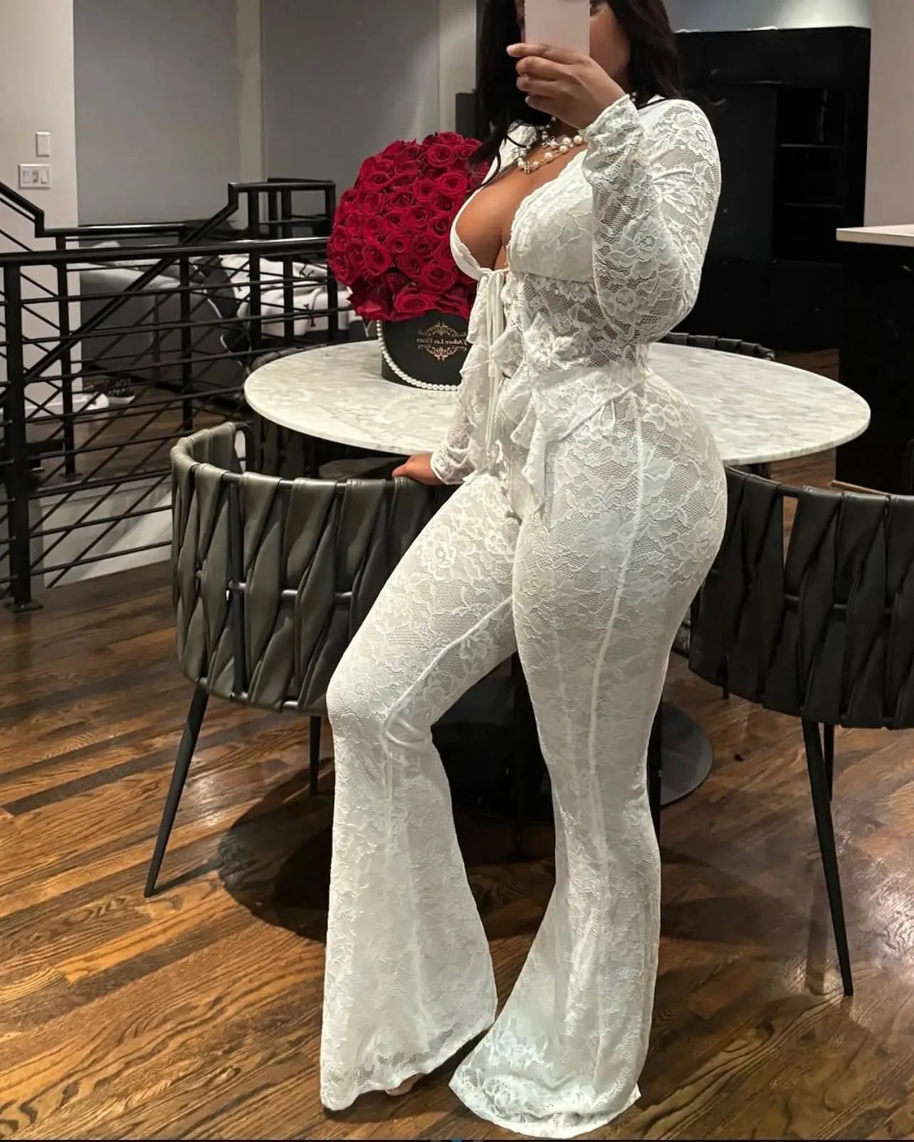Pant Sets Women Two Pieces Cardigan Lace Sexy Tops Tracksuit Full Wide Leg Pants Loose Fit Casual Spliced High Waist Solid