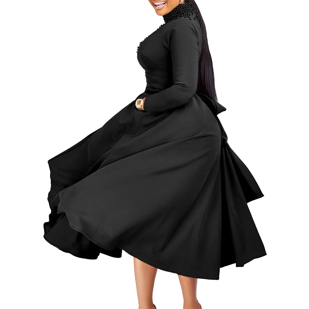 Vestido Elegante Africano para Mujer, Vestidos de Noche con Cuello Alto y Cuentas a la Moda, Vestido Delgado de Temperamento para Mujer, Vestidos Casuales de Manga Larga
