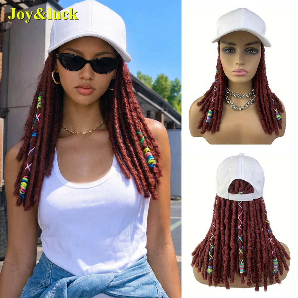 18 Inch Burgundy Baseball Cap Wig with Crochet Twist Braids | Synthetic Faux Locs Dreadlocks Braided Hat Wig for Women