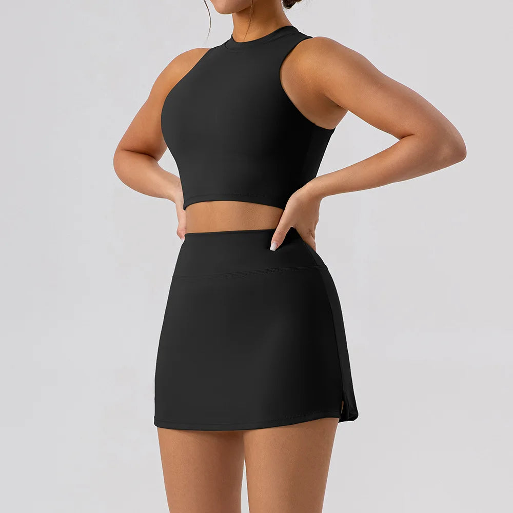 2PCS Yoga Set Sports Hip Short Skirt Women Tracksuit Gym Tennis Skirt Set Workout Sportswear Golf Dance Athletic Sport Suit