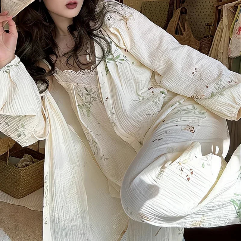 Pajama Pants Set Three-piece Set Women's Clothing Homewear Spring Summer New Cute Casual Stylish Versatile Wearable Simple Loose
