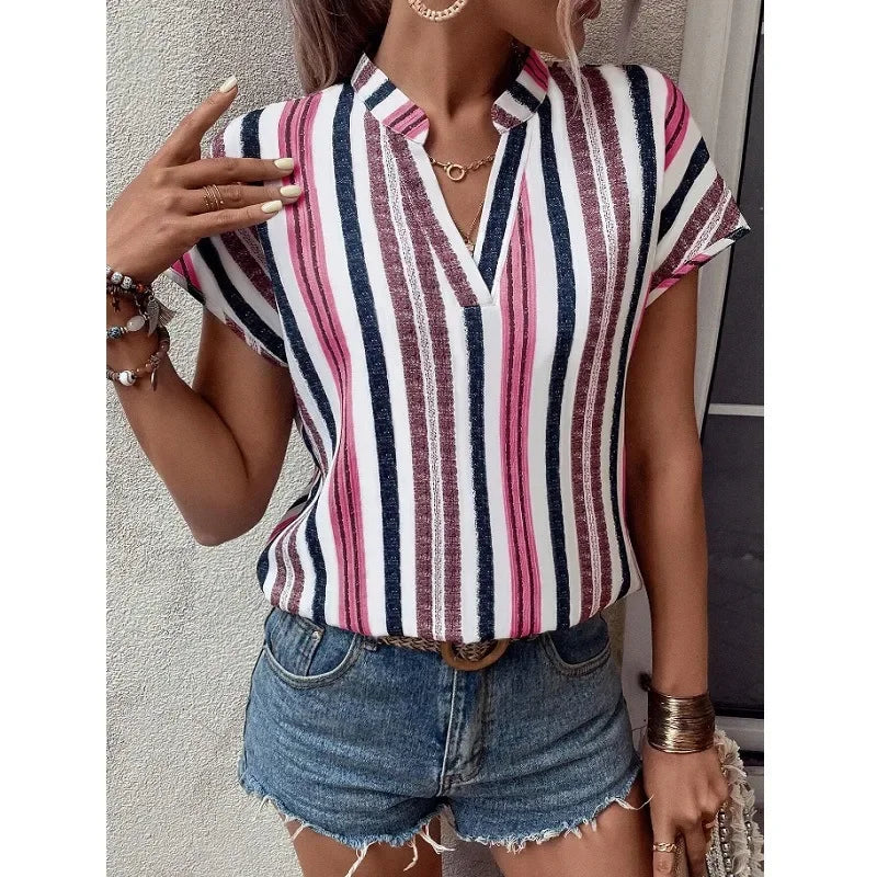 Women's Tops Blouses New Summer Casual Fashion Striped Print V-neck Short Sleeve Shirt Elegant Women Shirts Tops Streetwear