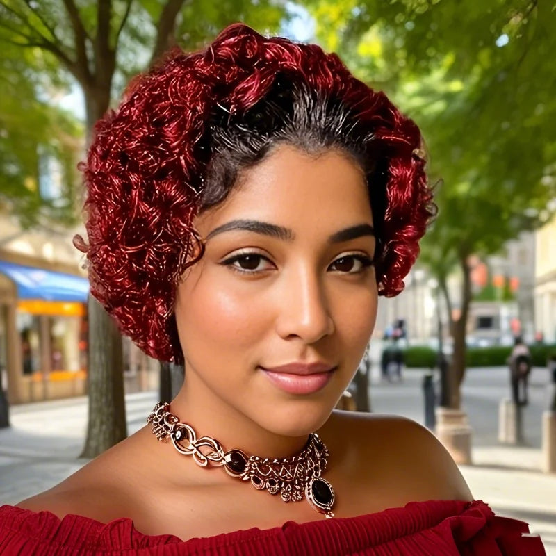 13x1 Lace Front 1B99J Burgundy 1B27 Colored Short Curly Pixie Cut Wig Pre plucked Bob Wig Curly Human Hair Wig