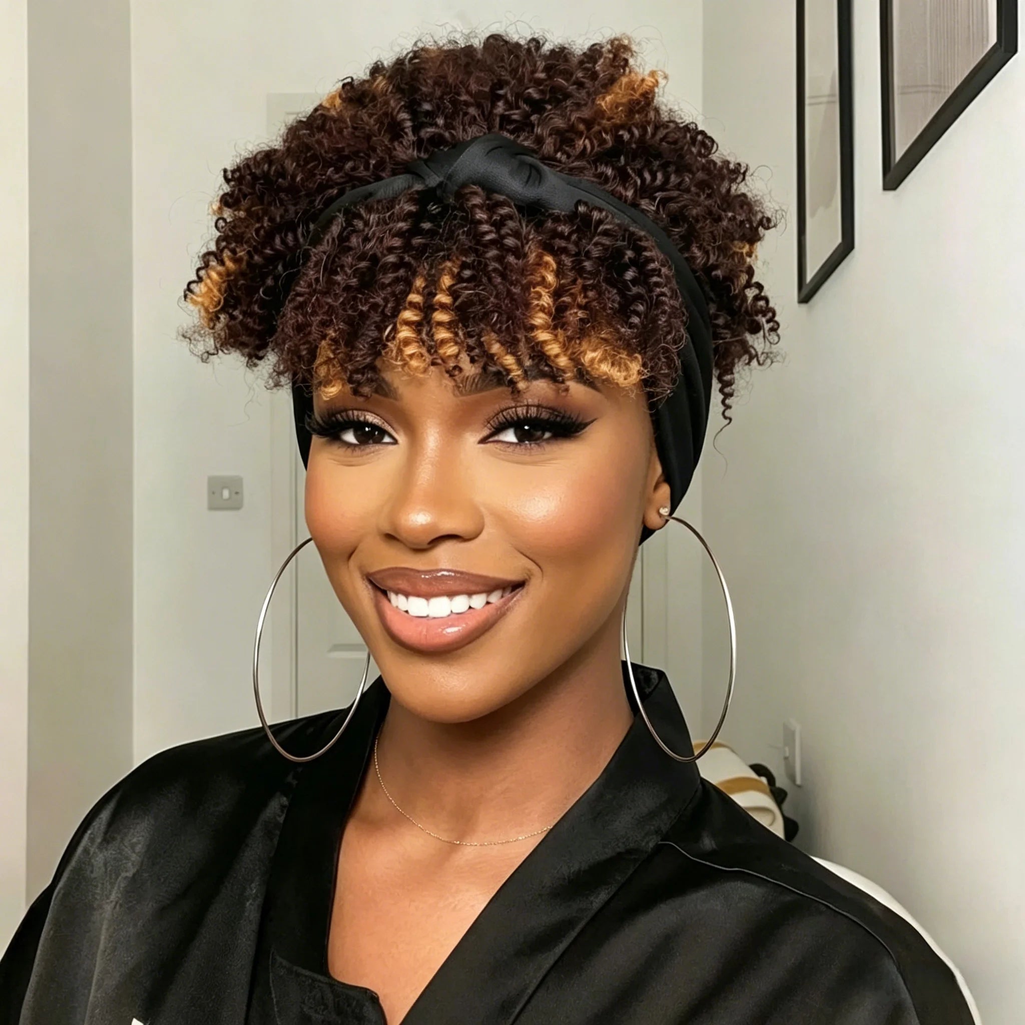 Short Curly Headband Wig with Bangs Human Hair Pixie Cut Wig Full Machine Wig