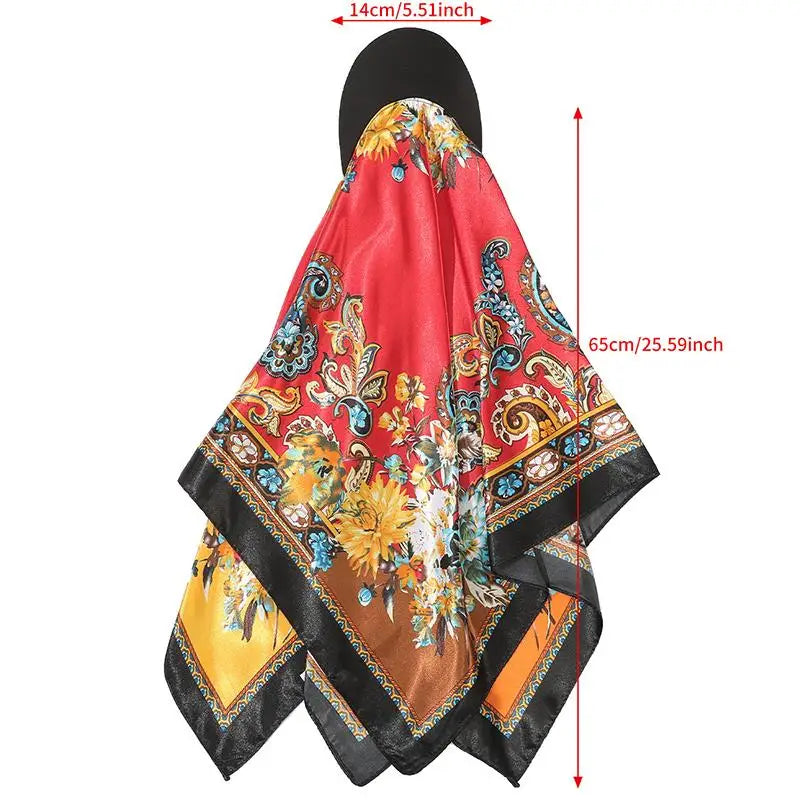 Fashion Satin Silk Headscarf Hat with Brim 2-in-1 Square Scarf Cap Printed Elegant Turban Wrap