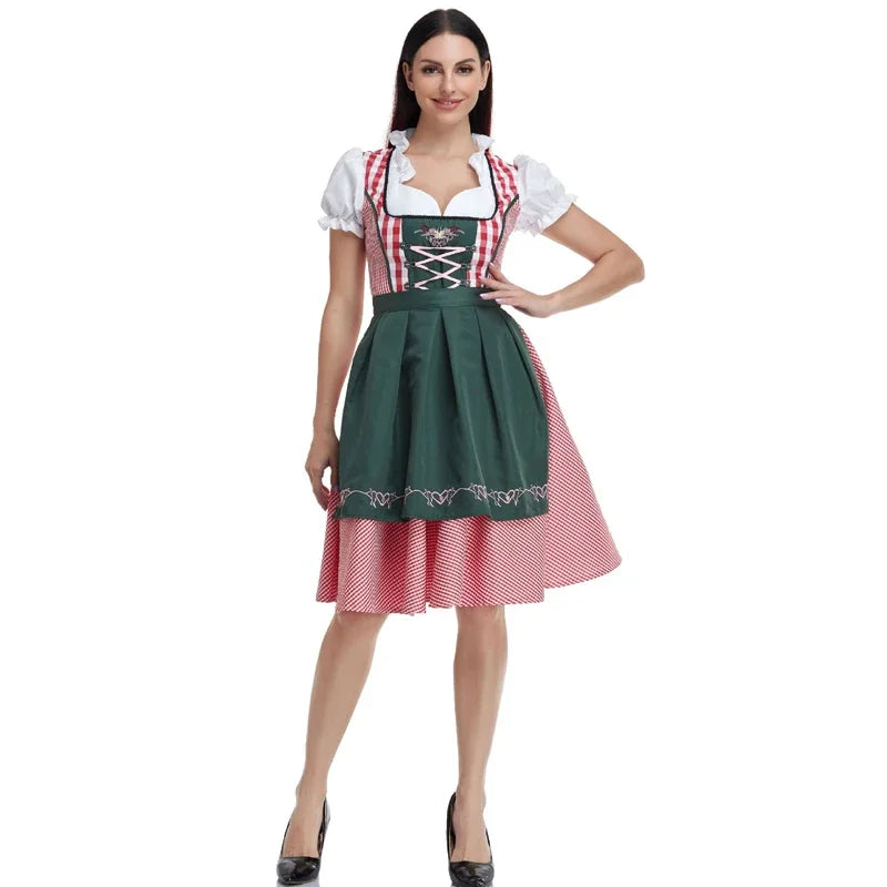 Lady Dirndl Oktoberfest Dress Women Costume Bavarian National Pink Plaid Clubwear Cosplay Halloween Carnival Fancy Party