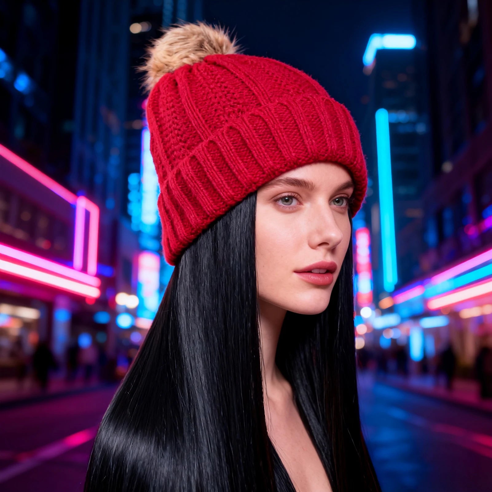 Gorro de punto para mujer, con pelo largo liso, cálido, para invierno, con pelo de fibra sintética negra realista, para clima frío