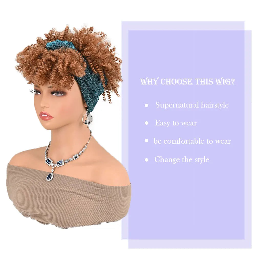 Pelucas con diadema para mujeres negras, pelucas sintéticas cortas afro rizadas, peluca marrón con flequillo, peluca con turbante 2 en 1